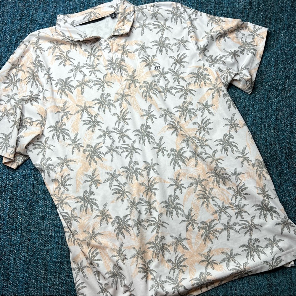 Travis Mathew Palm Tree Print Golf Polo White Peach Grey Men's XXL Short Sleeve